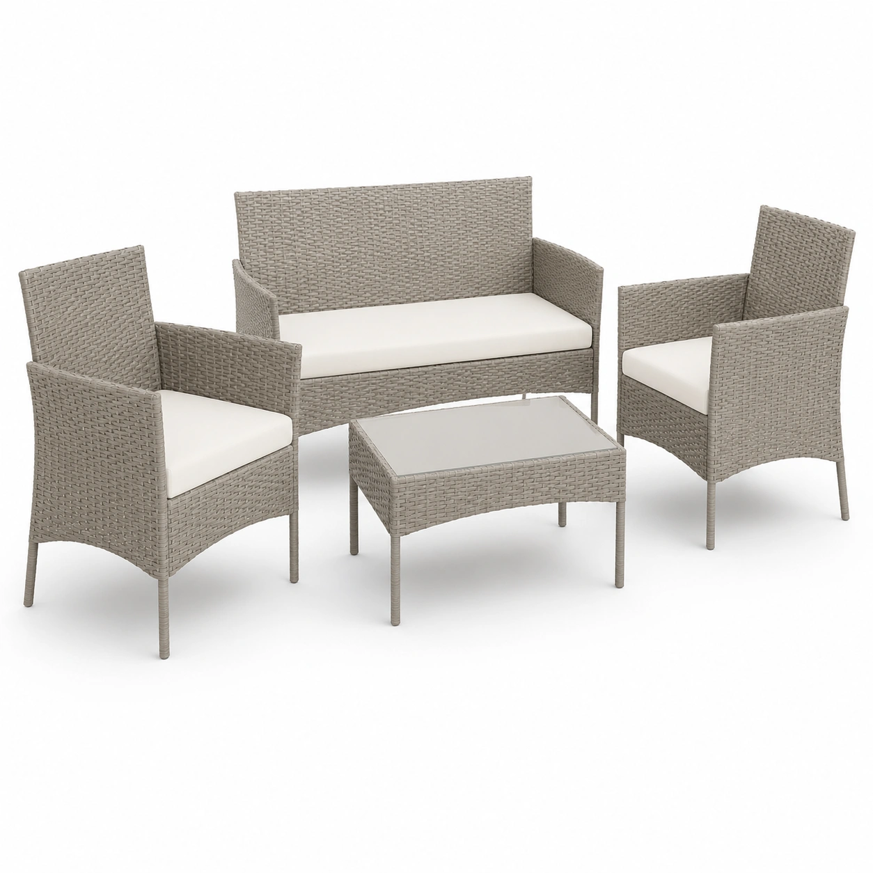 Conjunto de dos sillas, sofa y mesa de centro de ratan gris-havenoranest