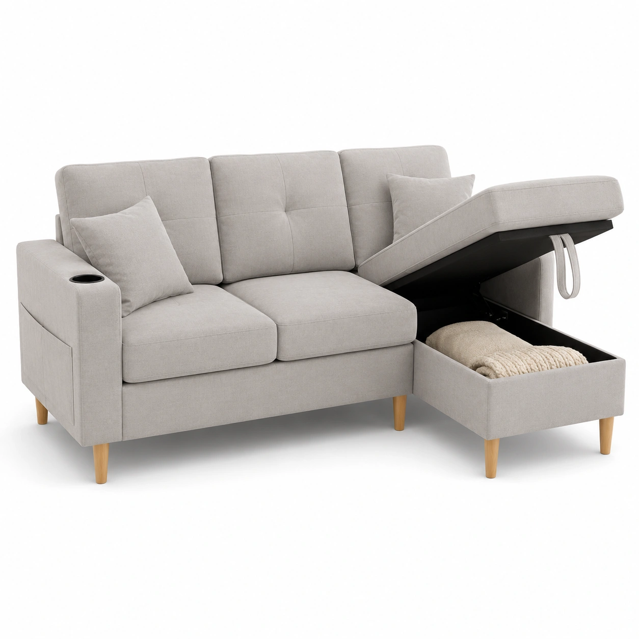 Sofa chaise longue con almacenamiento color gris claro-havenoranest