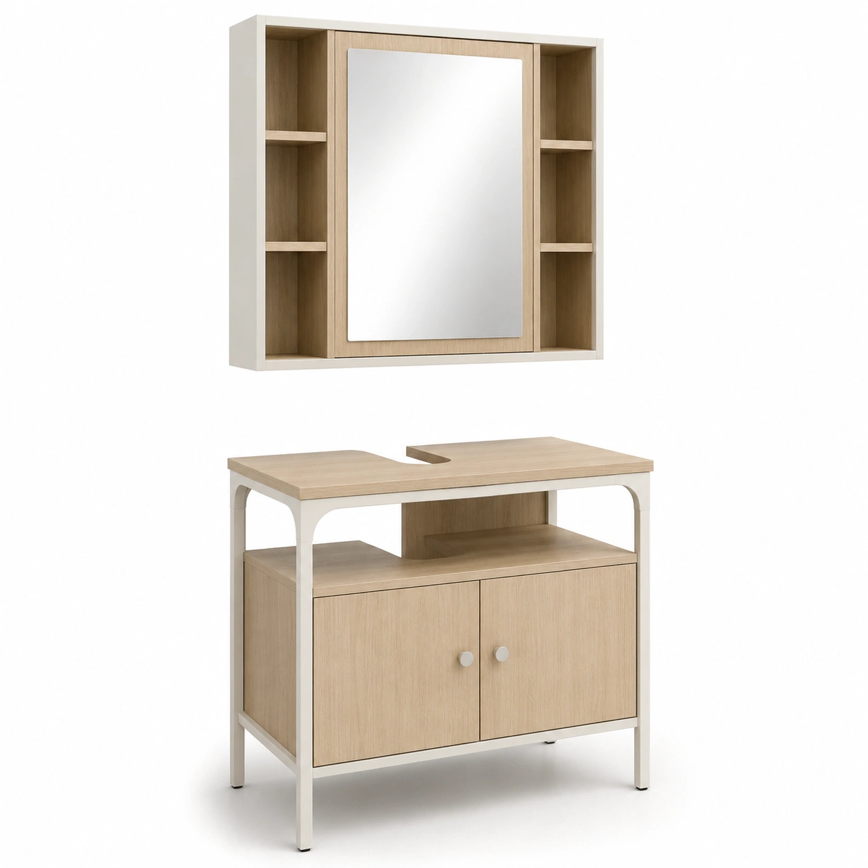 Mueble de bano con espejo y armario blanco y madera-havenoranest