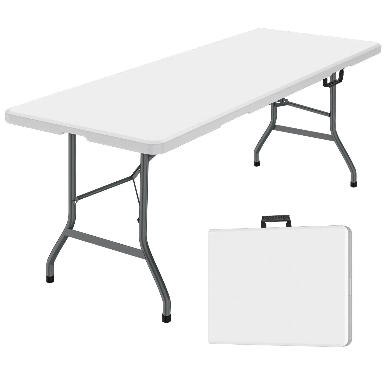 Mesa plegable de 6 pies (Set de mesa plegable de 6 pies y mantel: ZB-6FT), con asa de transporte integrada y patas de acero aleado; portátil y de uso rudo.
