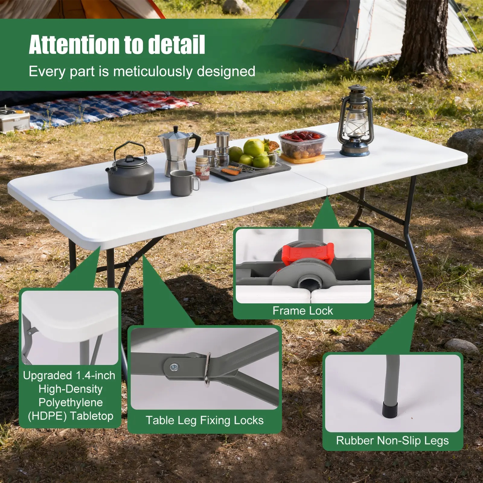 Mesa plegable de 6 pies (Set de mesa plegable de 6 pies y mantel: ZB-6FT), con asa de transporte integrada y patas de acero aleado; portátil y de uso rudo.