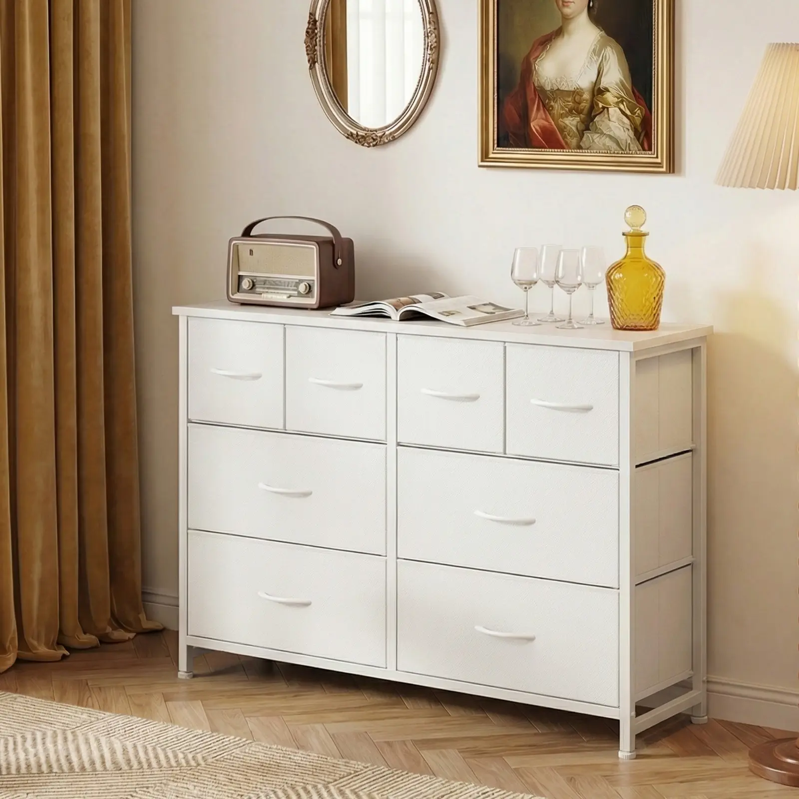 Mueble para TV y cómoda con 8 cajones de tela para sala de estar.