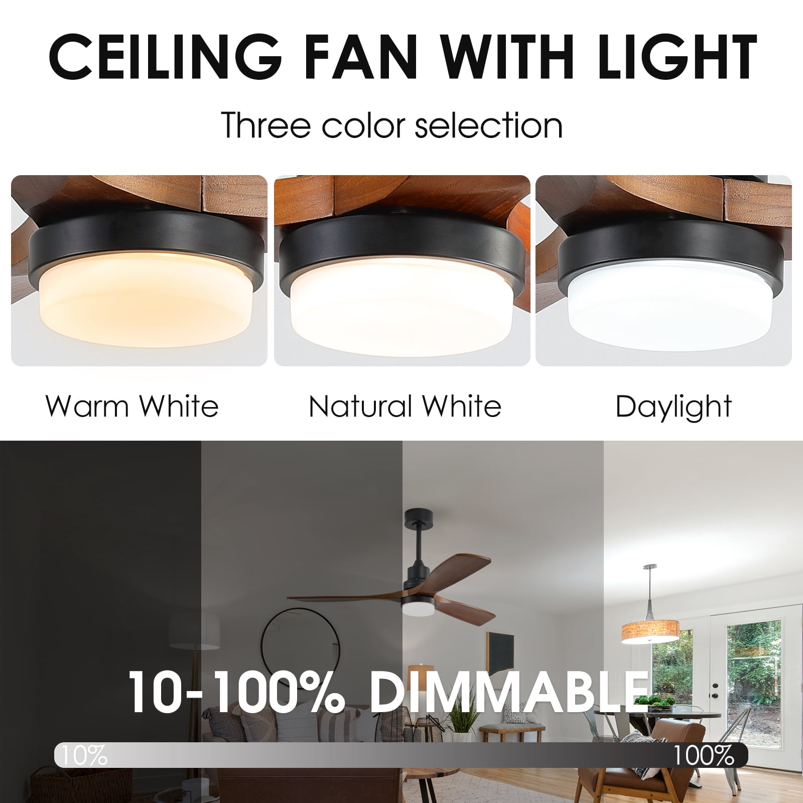 Ventilateur de plafond LED de style moderne de 52 pouces : intègre l’éclairage, la télécommande et les fonctions avant/arrière ; équipé d’un moteur silencieux à 6 vitesses et de 3 pales de ventilateur en bois ; disponible en blanc/noir.