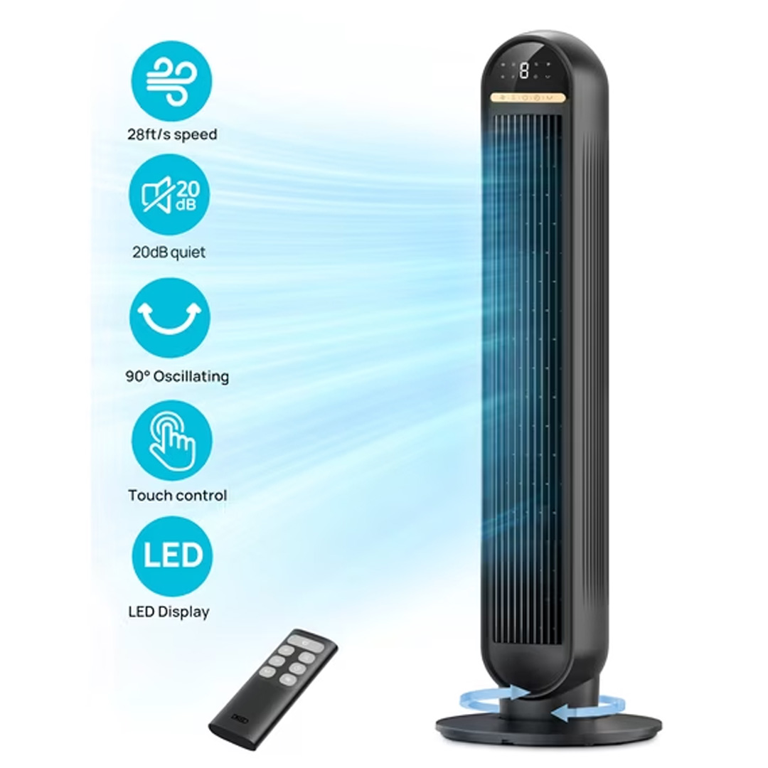 Ventilateur colonne, 7 mètres par seconde, ventilateur sur pied silencieux, oscillation à 70°, 9 vitesses de vent, 4 modes, minuterie 24 heures, ventilateur sur pied portable sans pales, avec télécommande, convient aux chambres, bureaux, maisons et autres
