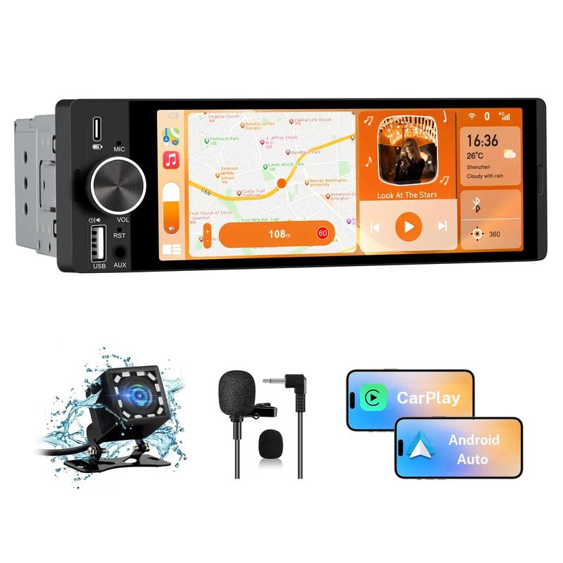 Unidad principal de audio universal para automóvil, compatible con CarPlay inalámbrico y Android Auto; equipada con una pantalla táctil IPS de 6,36 pulgadas, cámara de reversa y micrófono externo; compatible con Bluetooth, controles del volante (SWC), rad