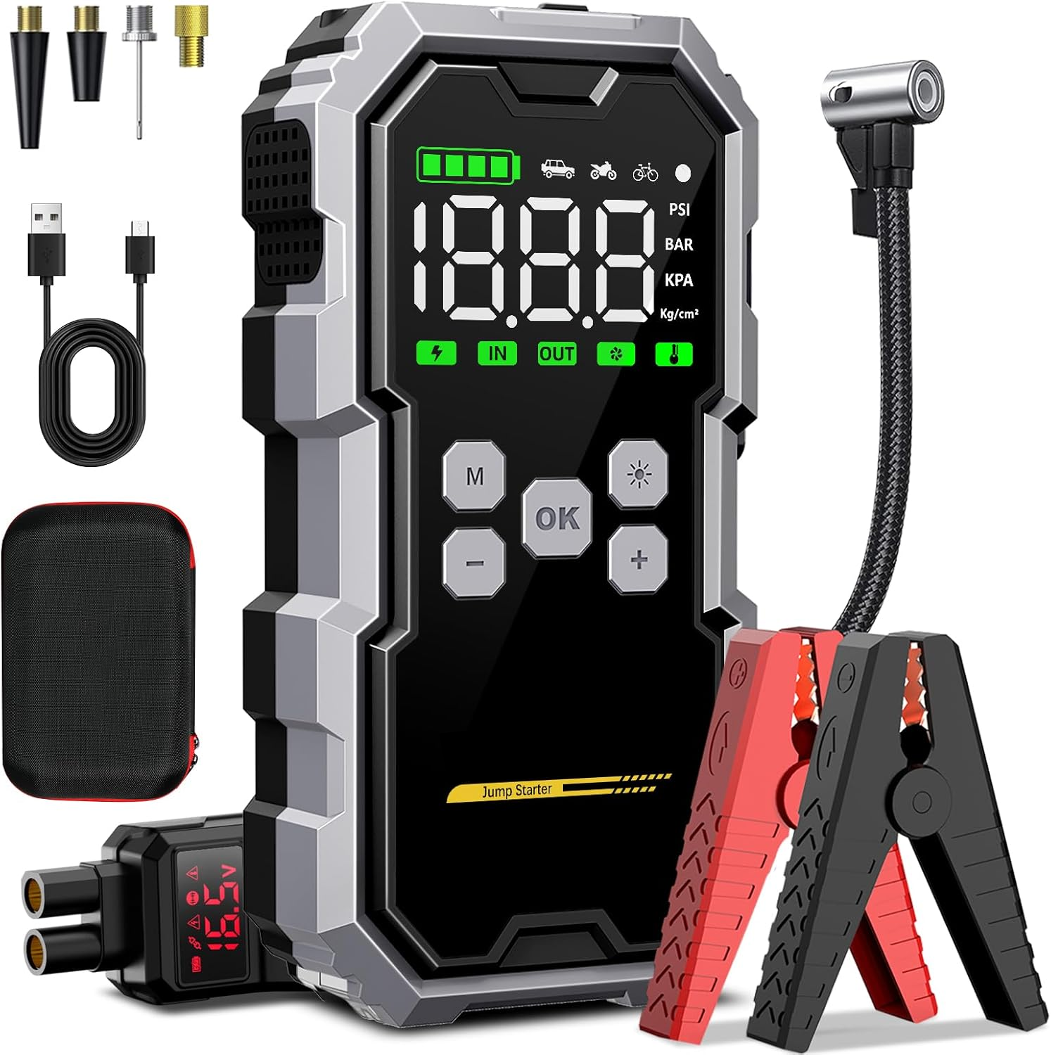 Démarreur de voiture avec compresseur d'air, bloc-batterie de démarrage 6000A (convient à tous les véhicules essence/diesel 10 litres), boîtier de démarrage de voiture 12V 150PSI, chargeur rapide portable Type-C, avec indicateur LED.