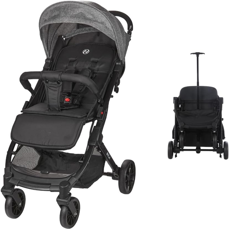 La poussette compacte Myla convient aux enfants de 0 à 4 ans (poids maximal 22 kg), est légère (7,5 kg), est une poussette citadine, avec un siège et un dossier réglables d'une seule main, et comprend un panier de rangement de grande capacité et une pouss
