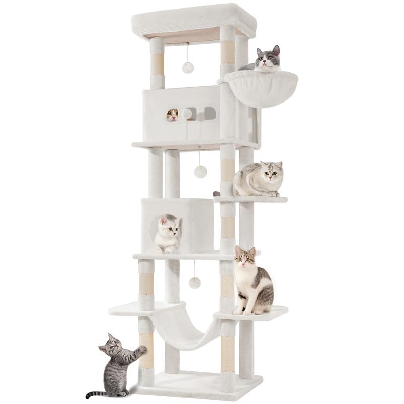 Un árbol para gatos de 193 cm, una gran estructura para trepar de interior, muebles para gatos de varios niveles, que incluyen 2 plataformas, 3 camas para gatos, 7 postes rascadores, 1 cesta para gatos, 3 puertas para gatos y decoraciones de pompones.