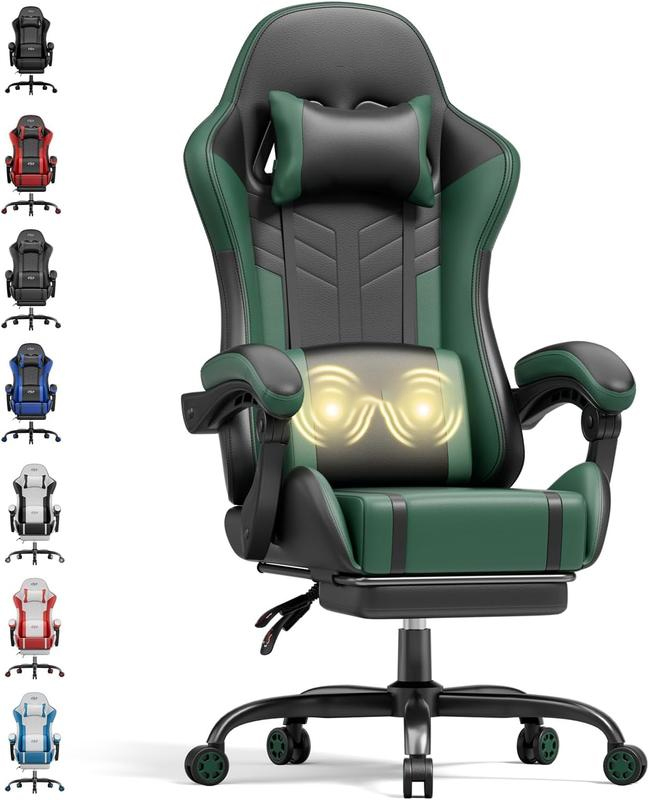Silla ergonómica para juegos con función de masaje, que incluye reposapiés, reposacabezas y cojín lumbar; capacidad de carga de 150 kg.