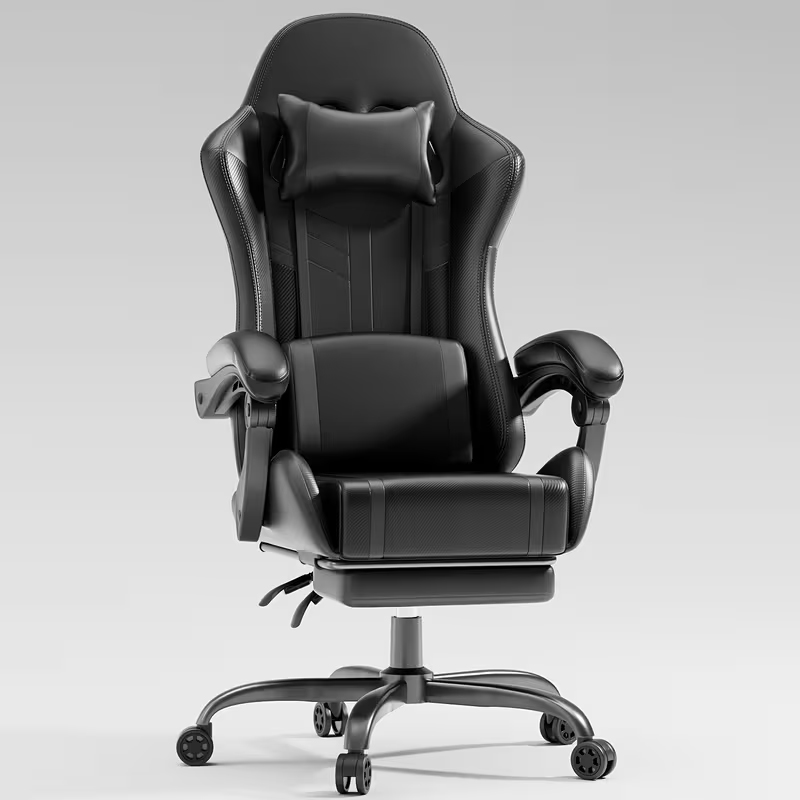 Silla ergonómica para juegos con función de masaje, que incluye reposapiés, reposacabezas y cojín lumbar; capacidad de carga de 150 kg.