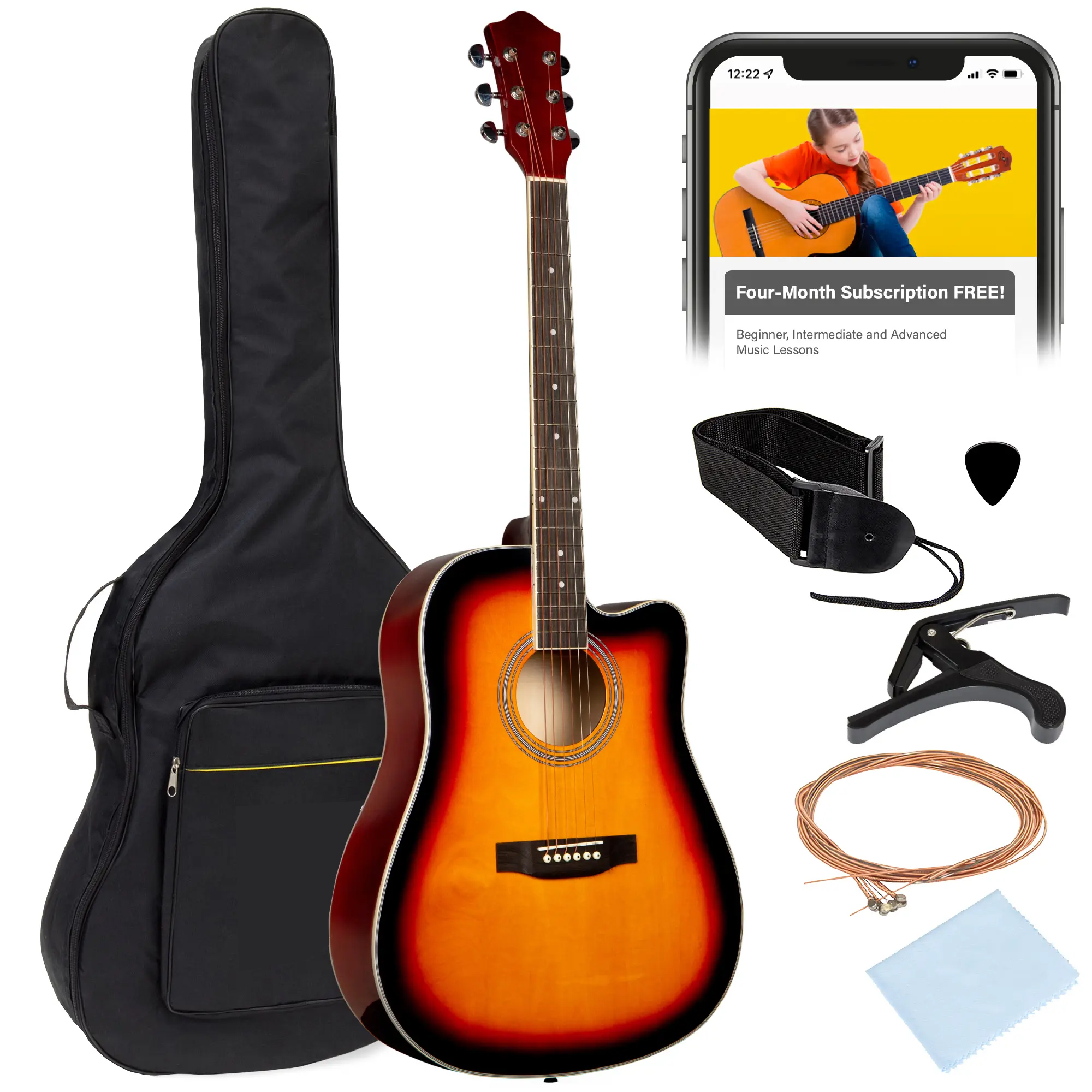 Guitarra acústica de tamaño estándar de 41 pulgadas para principiantes (incluye funda y accesorios).