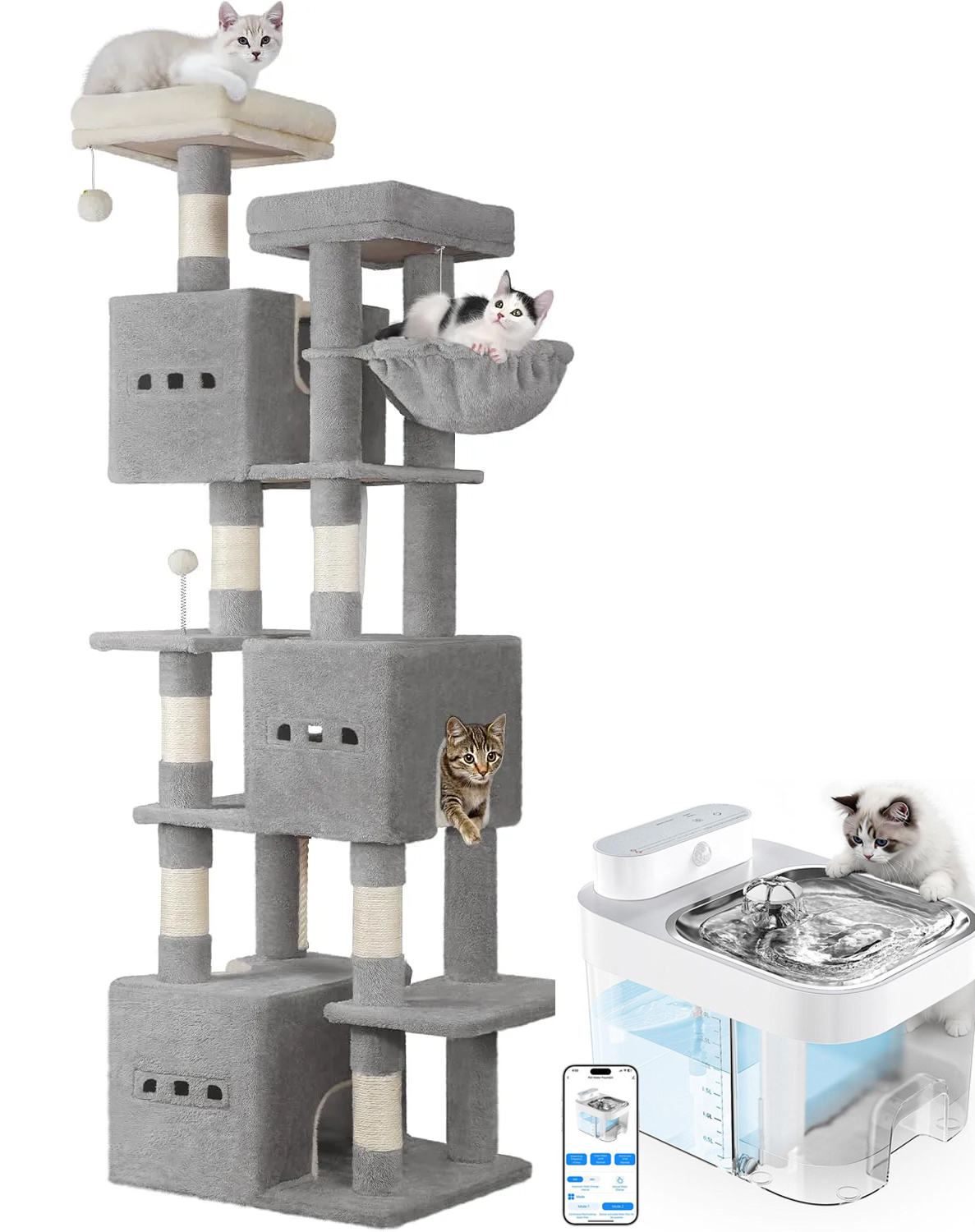 Un árbol para gatos de 193 cm, una gran estructura para trepar de interior, muebles para gatos de varios niveles, que incluyen 2 plataformas, 3 camas para gatos, 7 postes rascadores, 1 cesta para gatos, 3 puertas para gatos y decoraciones de pompones.