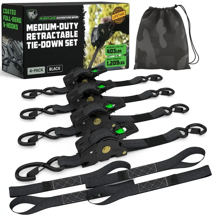 Correas de trinquete retráctiles automáticas (paquete de 2) - 2,5 cm x 3 metros (resistencia a la rotura: 549 kg) - Correas de sujeción retráctiles automáticas de alta resistencia para camiones, remolques, motocicletas, etc.