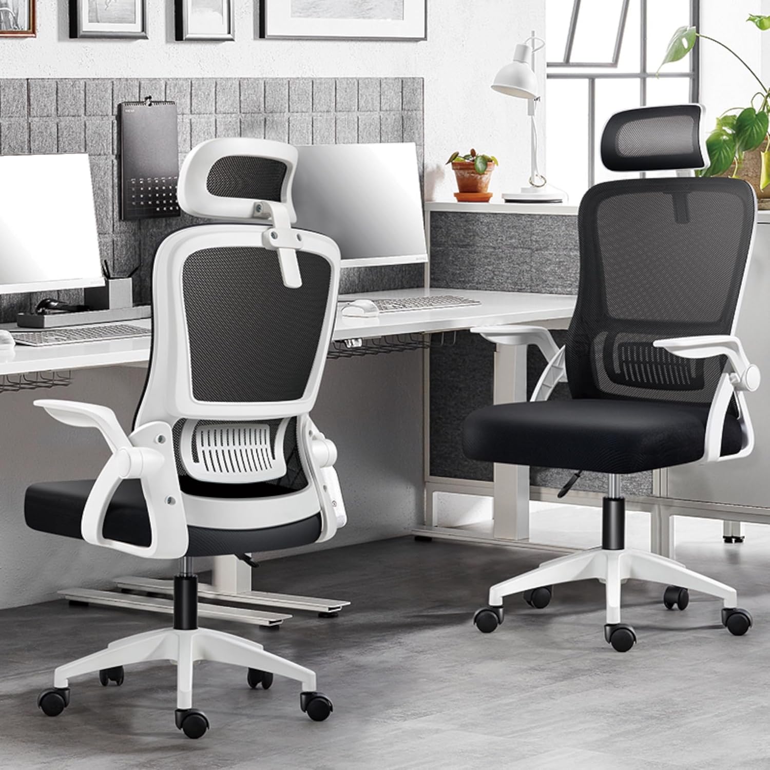 Silla de Oficina, para Gaming, Escritorio Ergonómica con Reposacabezas, Ajustable y con Soporte Lumbar | Respaldo de Malla Transpirable | Reposabrazos Abatibles de 90° | Giratoria 360° (Blanco)