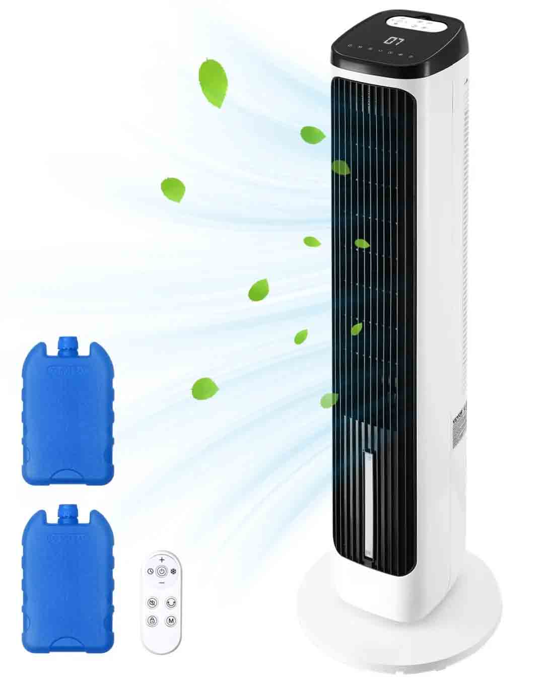 Ventilateur colonne, 7 mètres par seconde, ventilateur sur pied silencieux, oscillation à 70°, 9 vitesses de vent, 4 modes, minuterie 24 heures, ventilateur sur pied portable sans pales, avec télécommande, convient aux chambres, bureaux, maisons et autres