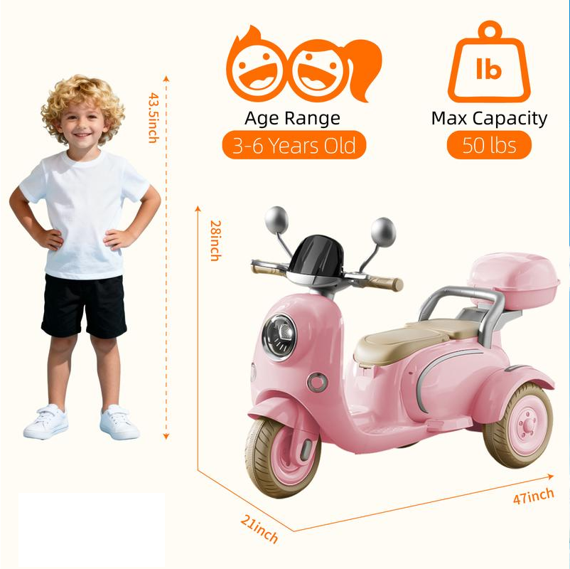 Motocicleta eléctrica infantil con espacio de almacenamiento, adecuada para niños de 3 años en adelante, patinete infantil de tres ruedas de 12 V, motocicleta ligera ideal para niñas de 3 a 6 años.