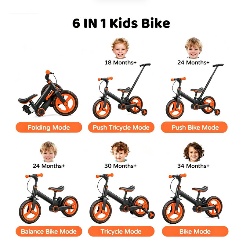 Bicicleta infantil multifuncional 6 en 1: una bicicleta de equilibrio/juguete para montar, adecuada para niños y niñas de entre 18 y 60 meses.