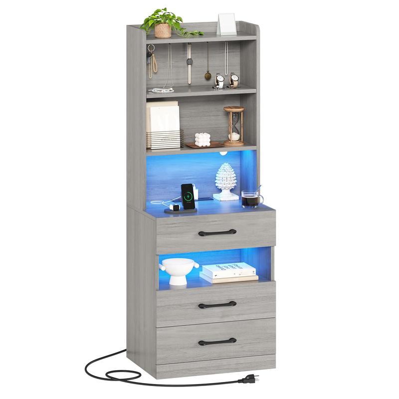 Mesita de noche alta con estación de carga y luz LED, 3 cajones, estante de almacenamiento y librería, mesita auxiliar moderna para dormitorio, mueble para el hogar.
