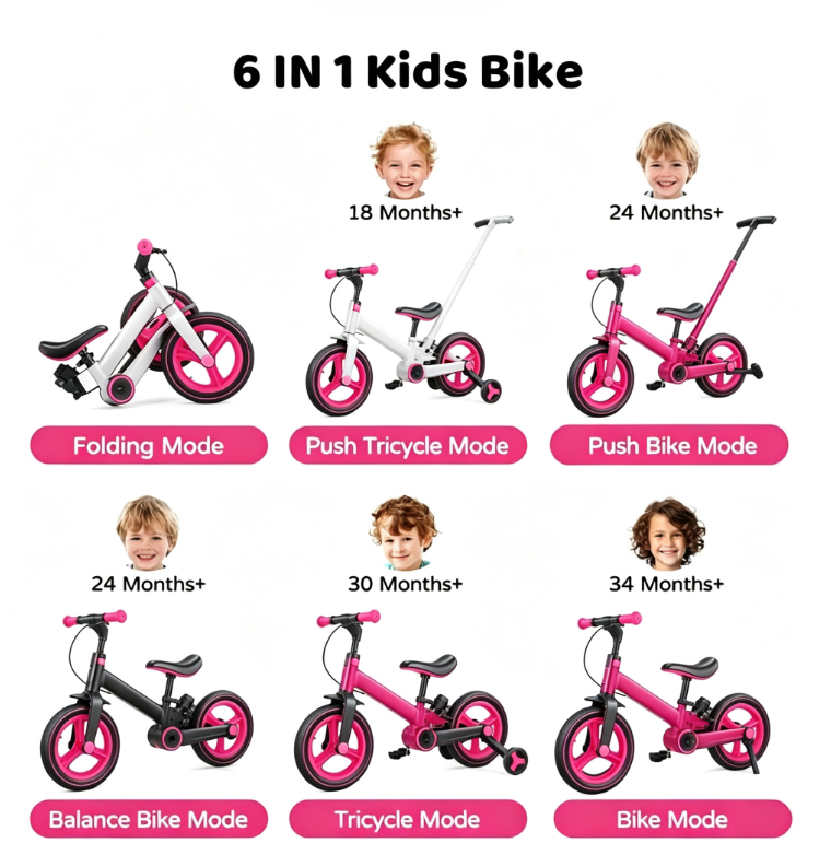 Bicicleta infantil multifuncional 6 en 1: una bicicleta de equilibrio/juguete para montar, adecuada para niños y niñas de entre 18 y 60 meses.
