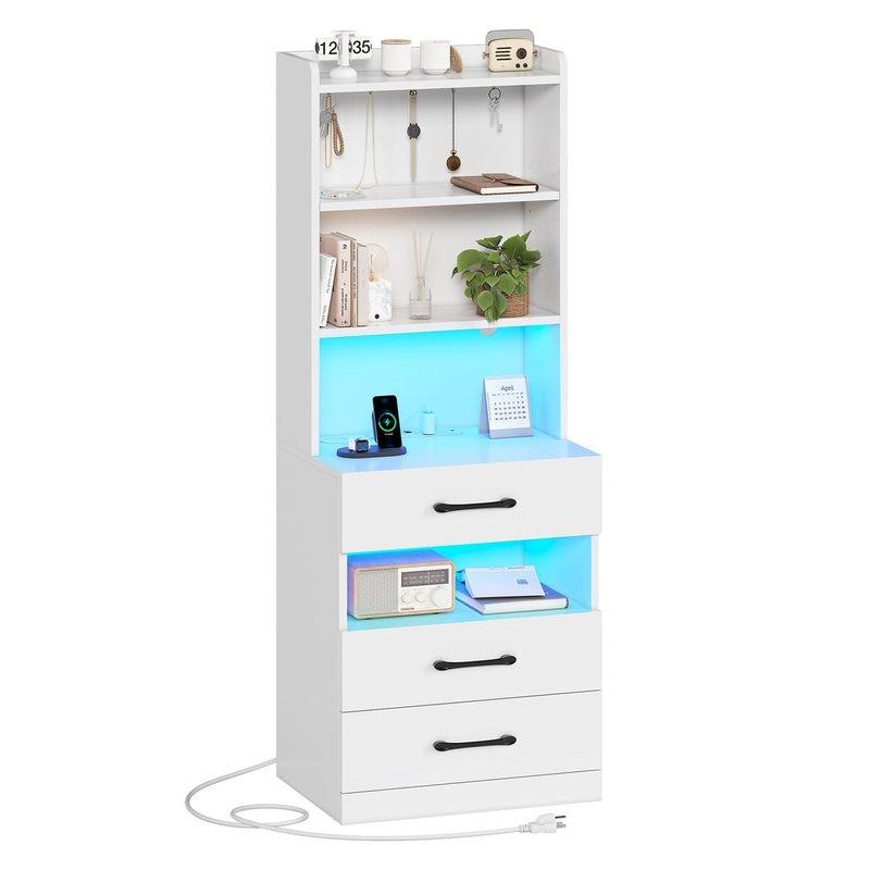 Mesita de noche alta con estación de carga y luz LED, 3 cajones, estante de almacenamiento y librería, mesita auxiliar moderna para dormitorio, mueble para el hogar.