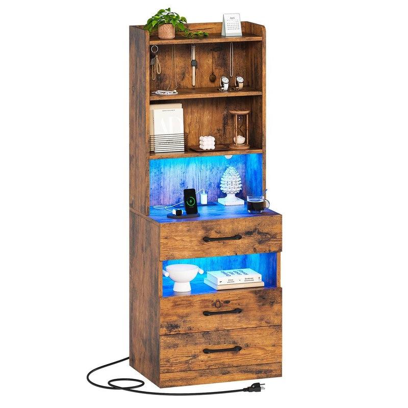 Mesita de noche alta con estación de carga y luz LED, 3 cajones, estante de almacenamiento y librería, mesita auxiliar moderna para dormitorio, mueble para el hogar.