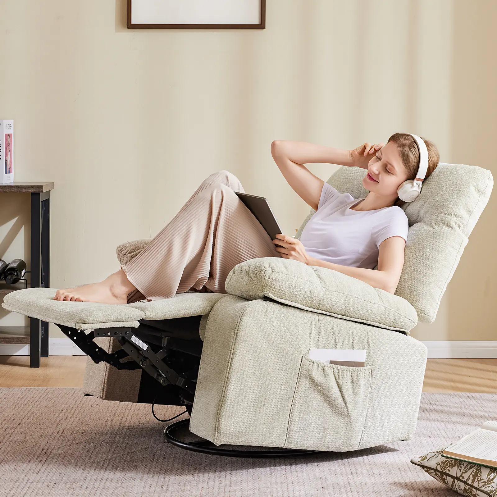 Sillón reclinable y mecedor, reclinable giratorio con masaje vibratorio y calefacción lumbar; sillón de tela de chenilla con rotación de 270° y reposapiés, ideal para sala de estar y dormitorio.