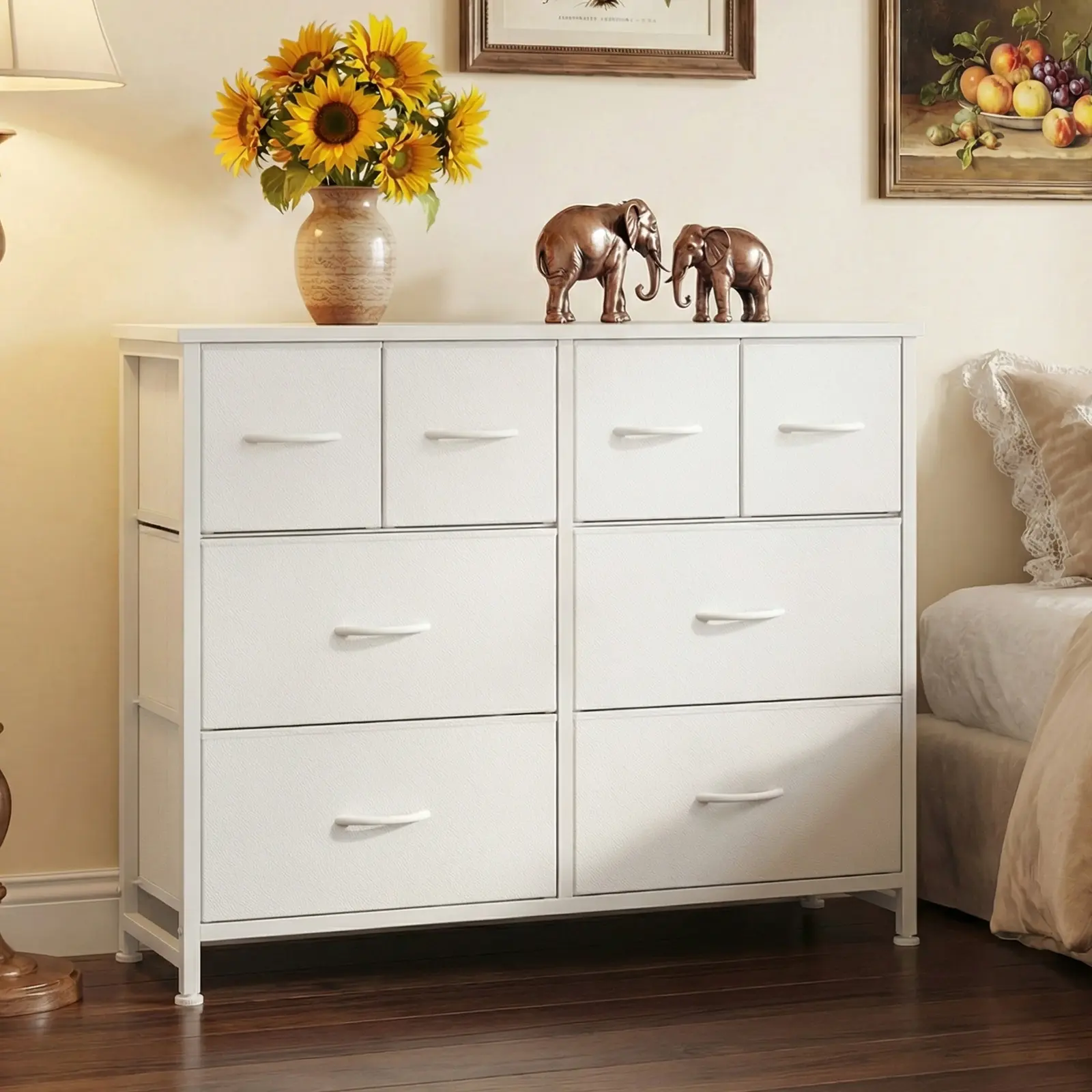 Mueble para TV y cómoda con 8 cajones de tela para sala de estar.