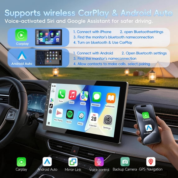 Autoradio avec écran tactile rotatif de 10,1 pouces — Format 1-DIN, système Android 13, compatible Apple CarPlay et Android Auto sans fil, processeur quadricœur, 4 Go de RAM et 32 ​​Go de stockage, navigation GPS.