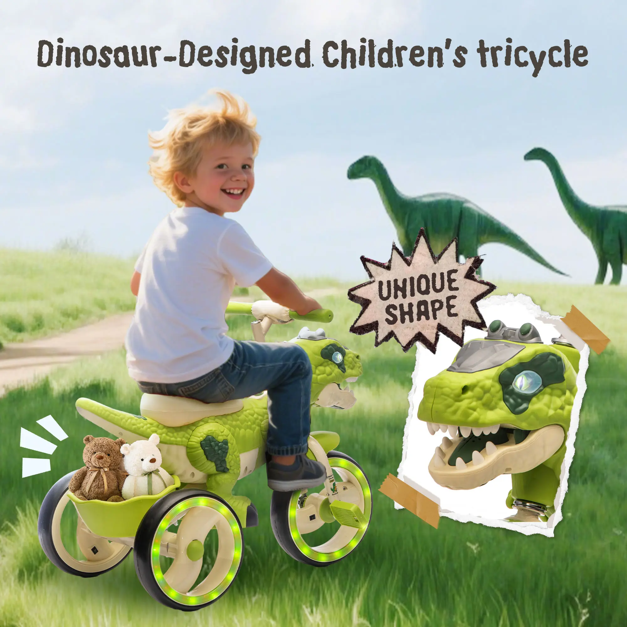 Kids Ride On Dinosaur Tricycle with Lights & Storage