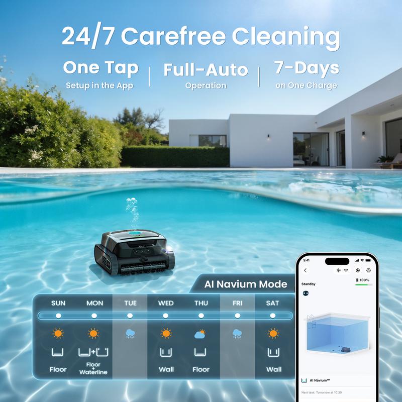 Robot limpiador de piscinas inalámbrico con inteligencia artificial, base de carga inalámbrica, función de estacionamiento inteligente en la línea de flotación y diseño ligero.
