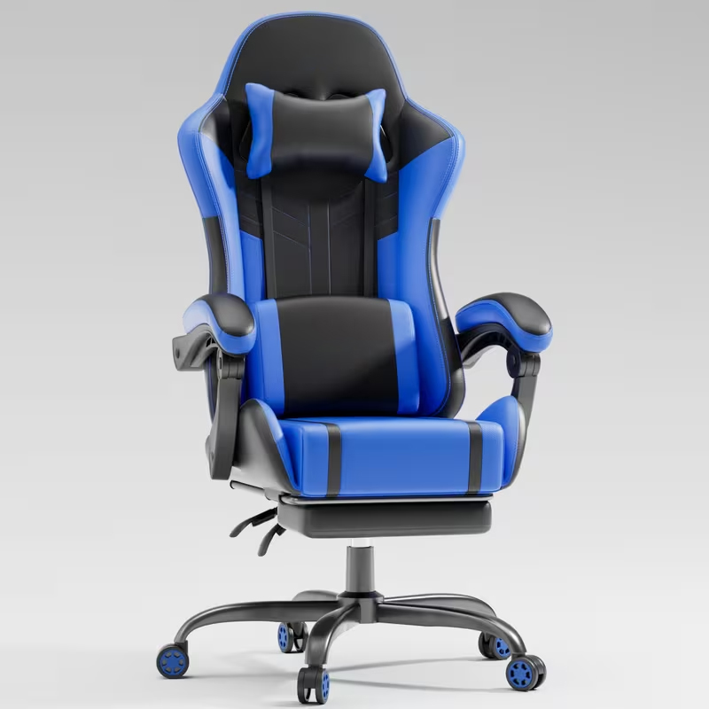 Silla ergonómica para juegos con función de masaje, que incluye reposapiés, reposacabezas y cojín lumbar; capacidad de carga de 150 kg.