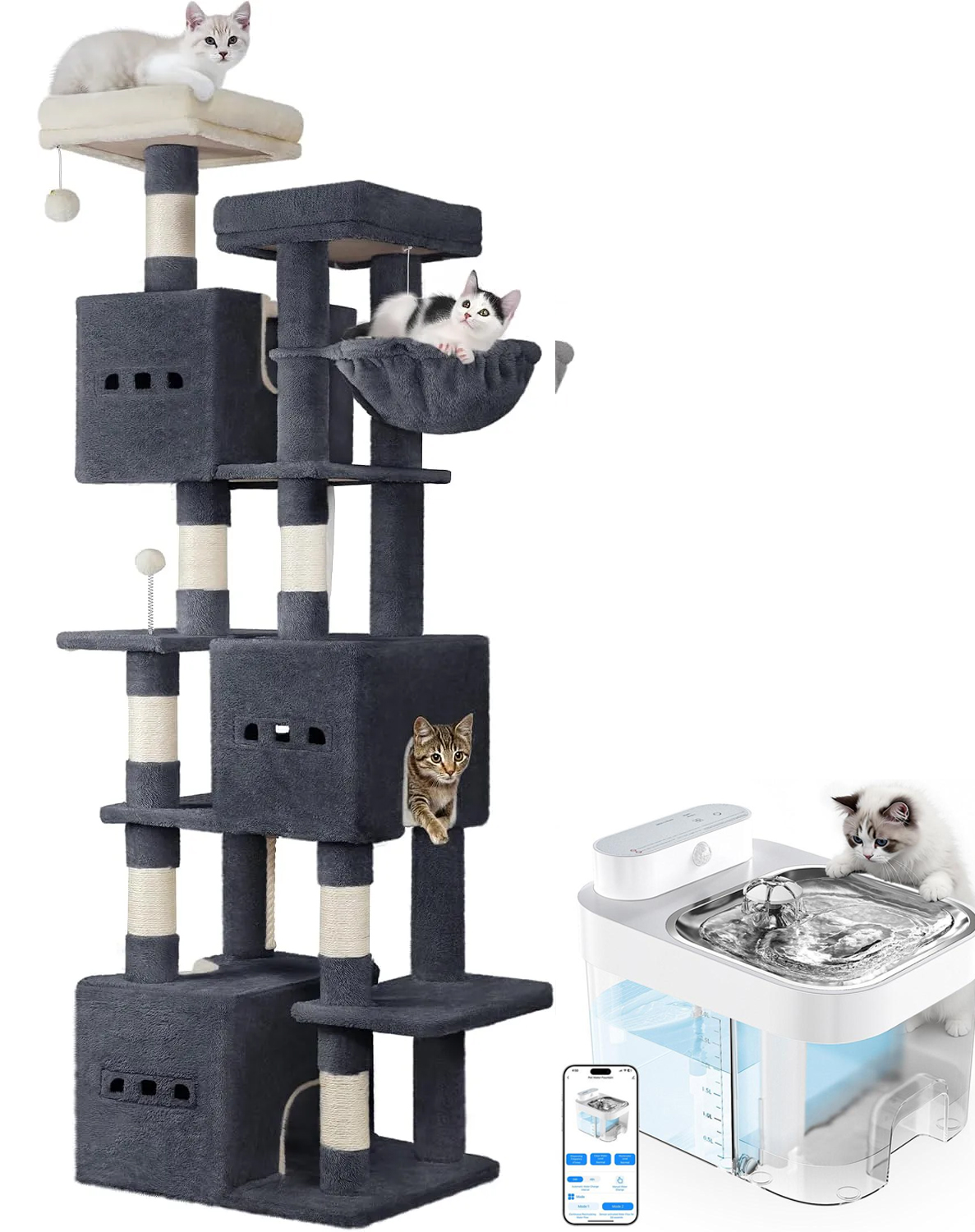 Un árbol para gatos de 193 cm, una gran estructura para trepar de interior, muebles para gatos de varios niveles, que incluyen 2 plataformas, 3 camas para gatos, 7 postes rascadores, 1 cesta para gatos, 3 puertas para gatos y decoraciones de pompones.