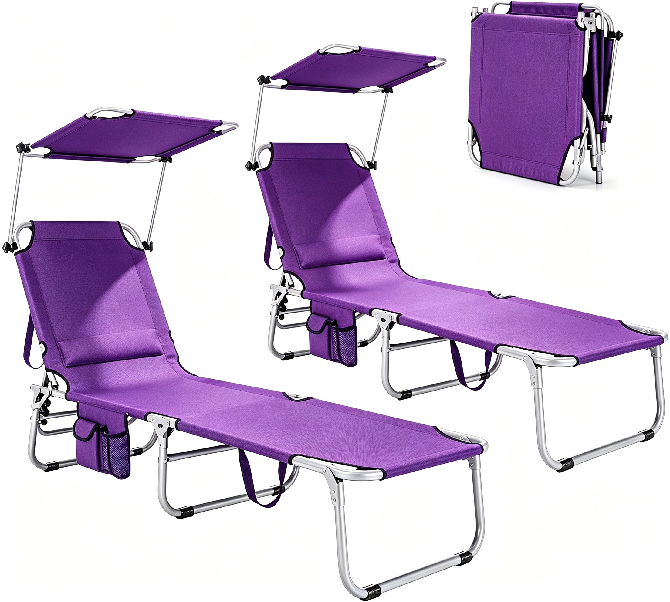 Silla para broncearse, silla de playa plegable con toldo, ajustable en 5 posiciones, con asa y bolsillo lateral; tumbona reclinable portátil para exteriores (patio, césped, camping, piscina, terraza o playa) (2 unidades, color negro)