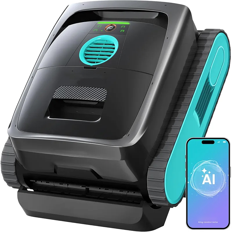 Robot limpiador de piscinas inalámbrico con inteligencia artificial, base de carga inalámbrica, función de estacionamiento inteligente en la línea de flotación y diseño ligero.