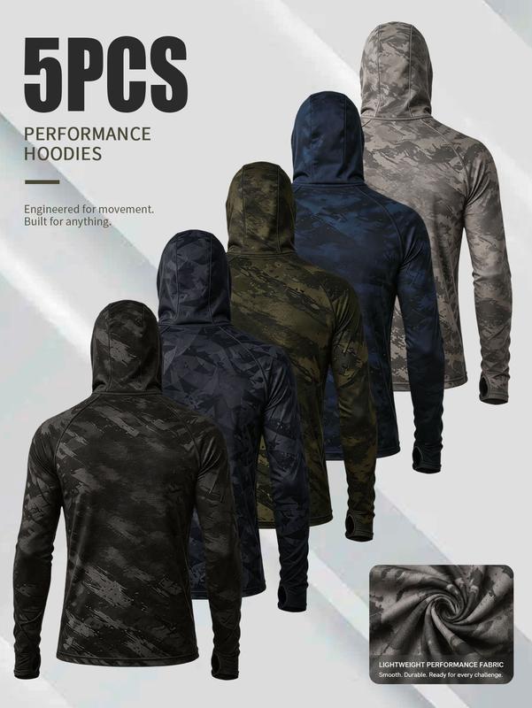 Sudaderas con capucha tipo pasamontañas de camuflaje para hombre, paquete de 5 — Camisetas tácticas de manga larga con protección solar UPF para entrenamiento, ideales para caza y pesca al aire libre, viajes y acampada.