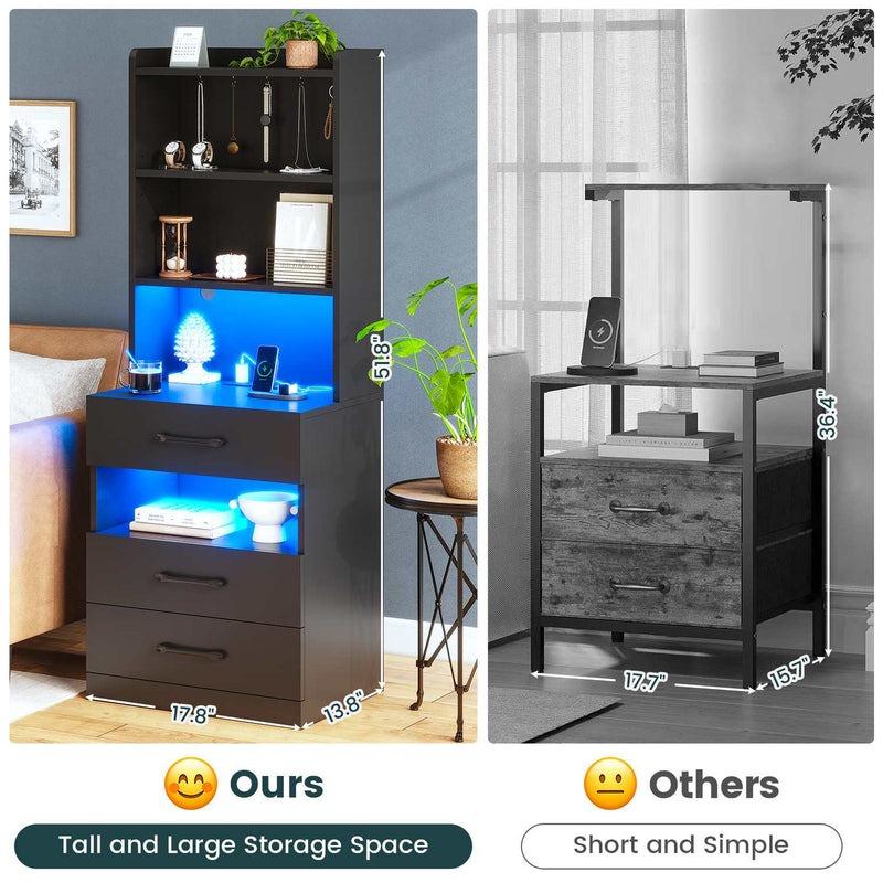 Mesita de noche alta con estación de carga y luz LED, 3 cajones, estante de almacenamiento y librería, mesita auxiliar moderna para dormitorio, mueble para el hogar.