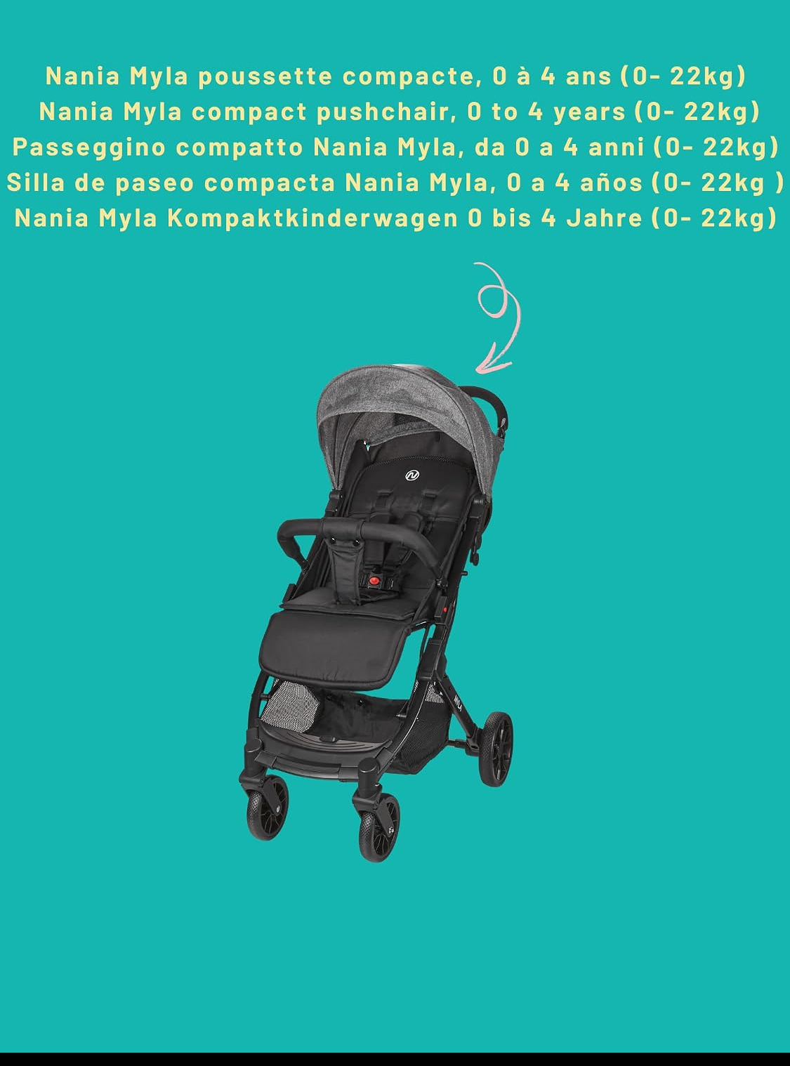La poussette compacte Myla convient aux enfants de 0 à 4 ans (poids maximal 22 kg), est légère (7,5 kg), est une poussette citadine, avec un siège et un dossier réglables d'une seule main, et comprend un panier de rangement de grande capacité et une pouss