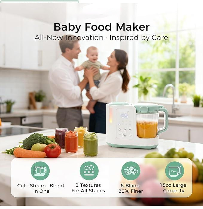 Este procesador de alimentos para bebés combina cocción y mezcla automáticas con un vaso de gran capacidad de 444 ml (15 onzas) y 6 cuchillas. Incluye limpieza automática y 3 ajustes de textura automáticos.