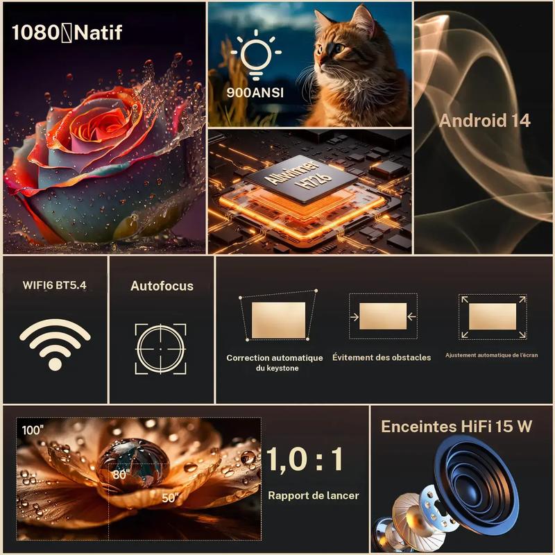 Projecteur intelligent avec Google TV, mini-projecteur portable compatible 4K avec Wi-Fi et Bluetooth, mise au point automatique et détection d'obstacles, clé TV, 650 ANSI et commande vocale, projecteur home cinéma extérieur HY350GT