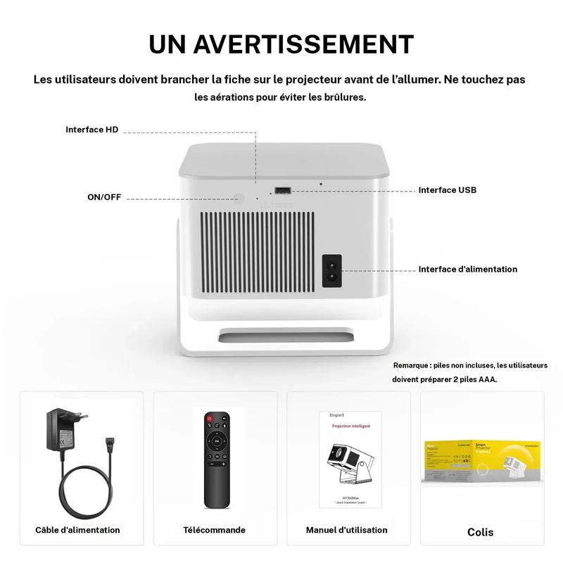 Projecteur intelligent avec Google TV, mini-projecteur portable compatible 4K avec Wi-Fi et Bluetooth, mise au point automatique et détection d'obstacles, clé TV, 650 ANSI et commande vocale, projecteur home cinéma extérieur HY350GT