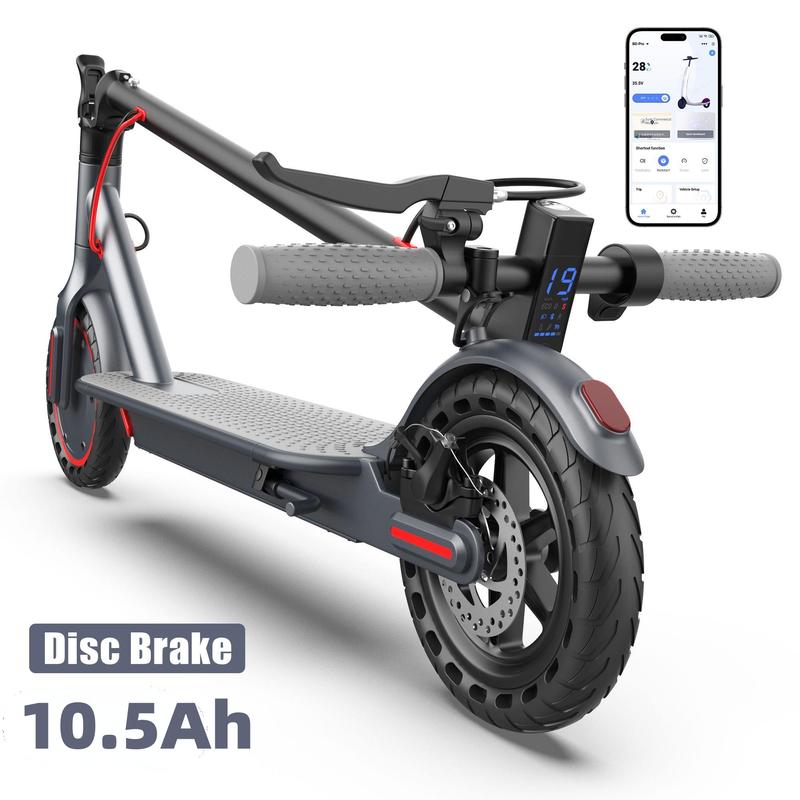 Scooter eléctrico para adultos, motor de 350–500 W, velocidad máxima de 19–22 mph, autonomía de 41–48 millas, neumáticos de 8,5–10 pulgadas, diseño plegable, compatibilidad con control por aplicación, sistema de doble freno, diseño resistente al agua, luc