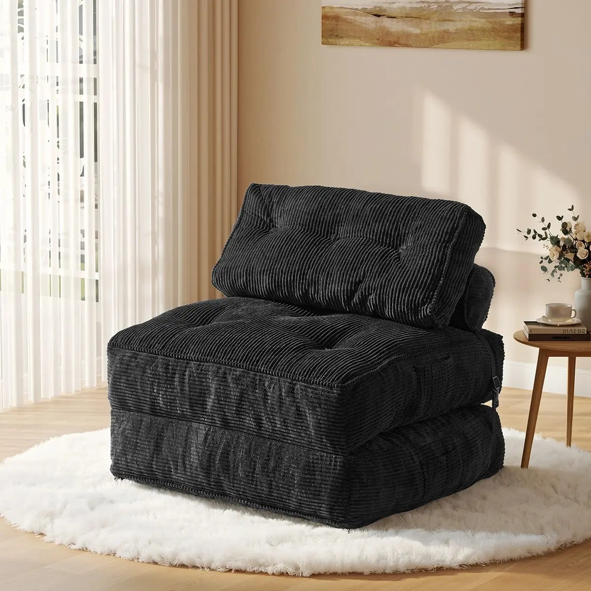 Sofá cama plegable con almohada, sillón convertible con respaldo de apoyo, silla cama plegable portátil de pana, cómodo sofá lounge de suelo para sala de estar — Individual
