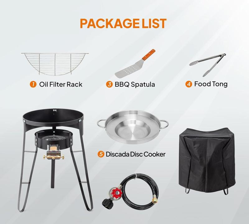 Juego de plancha cóncava de 23 pulgadas con quemador de propano de 80.000 BTU y plancha de disco de acero inoxidable; incluye soporte para el quemador; ideal para cocinar en el patio o al aire libre.