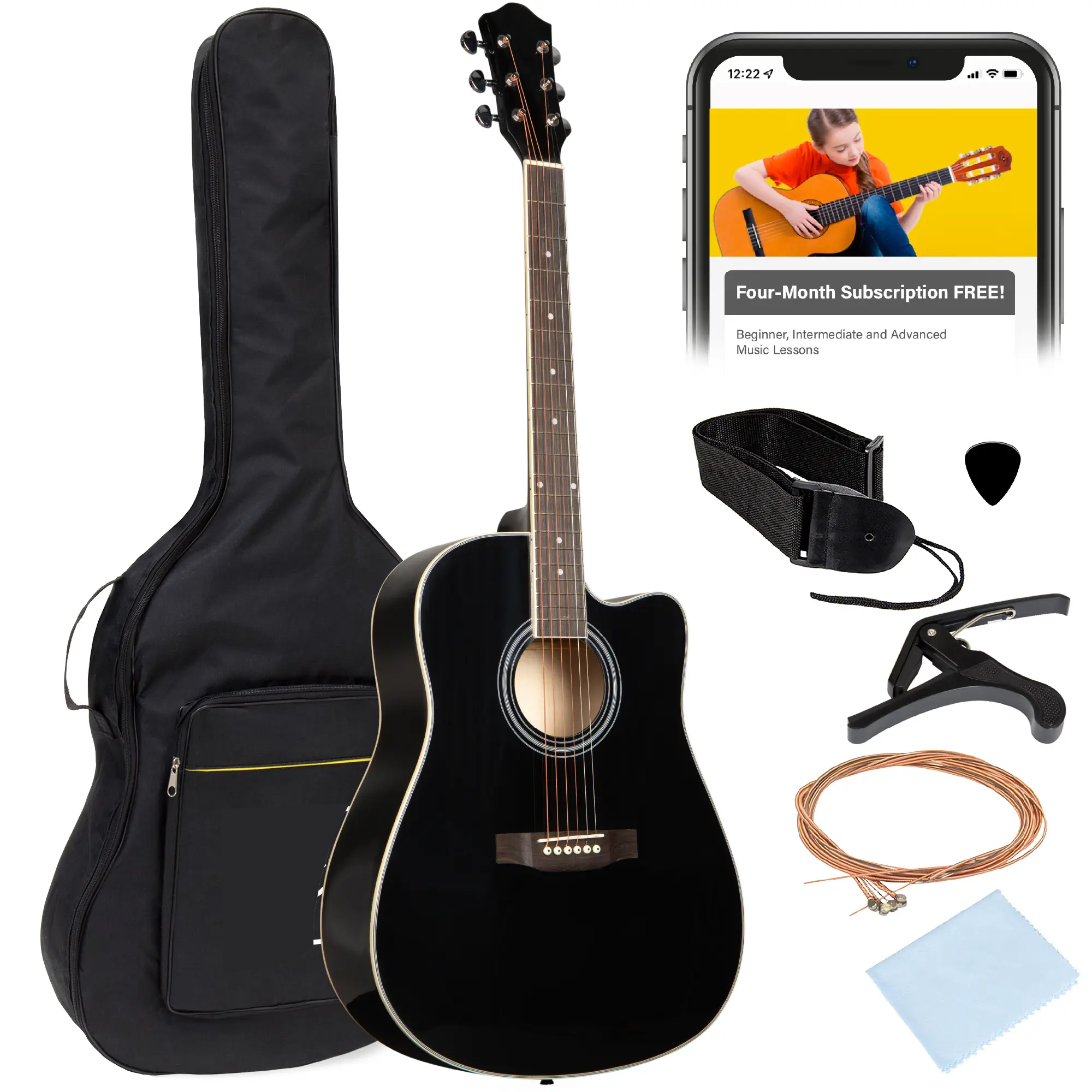 Guitarra acústica de tamaño estándar de 41 pulgadas para principiantes (incluye funda y accesorios).