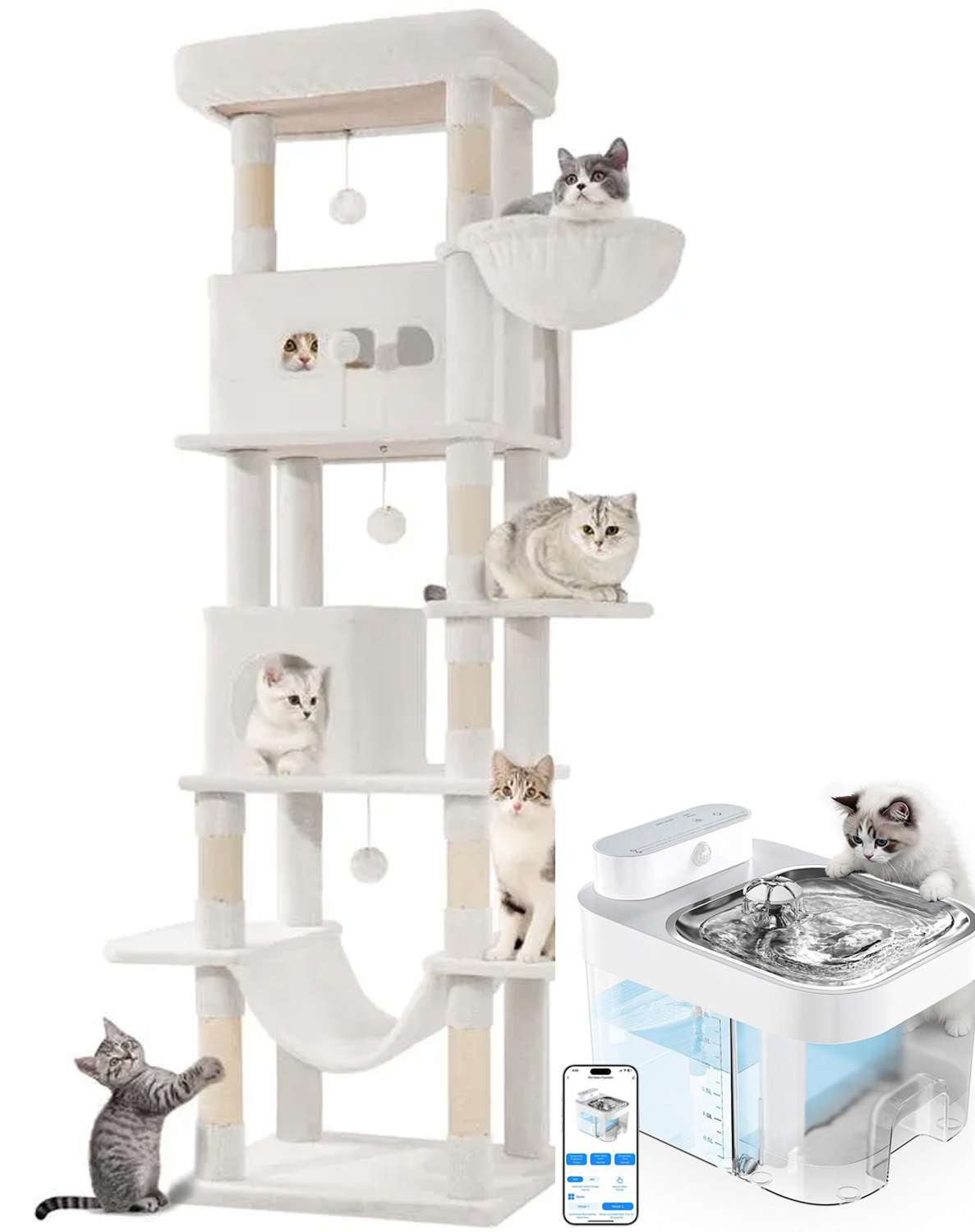 Un árbol para gatos de 193 cm, una gran estructura para trepar de interior, muebles para gatos de varios niveles, que incluyen 2 plataformas, 3 camas para gatos, 7 postes rascadores, 1 cesta para gatos, 3 puertas para gatos y decoraciones de pompones.