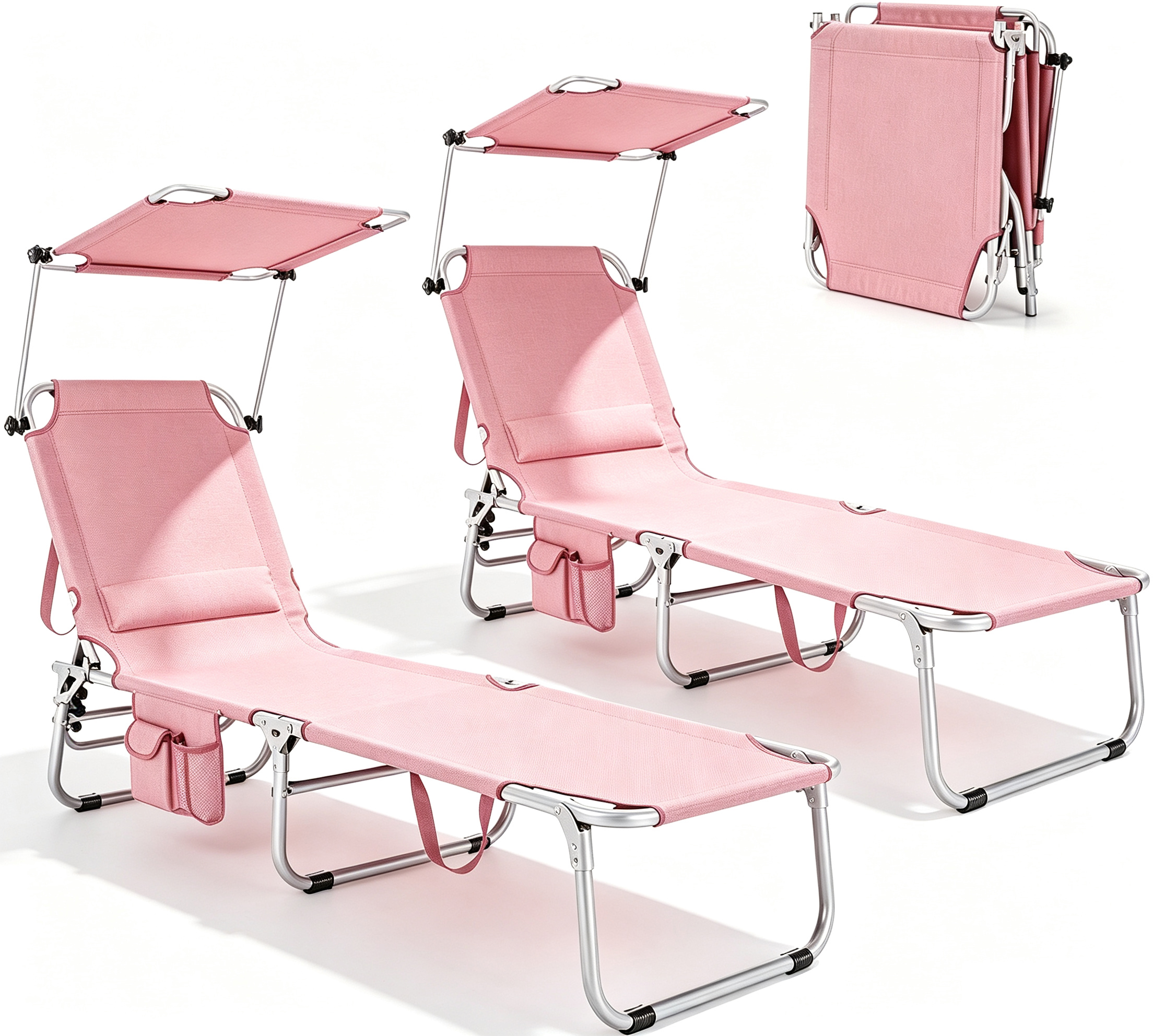Silla para broncearse, silla de playa plegable con toldo, ajustable en 5 posiciones, con asa y bolsillo lateral; tumbona reclinable portátil para exteriores (patio, césped, camping, piscina, terraza o playa) (2 unidades, color negro)
