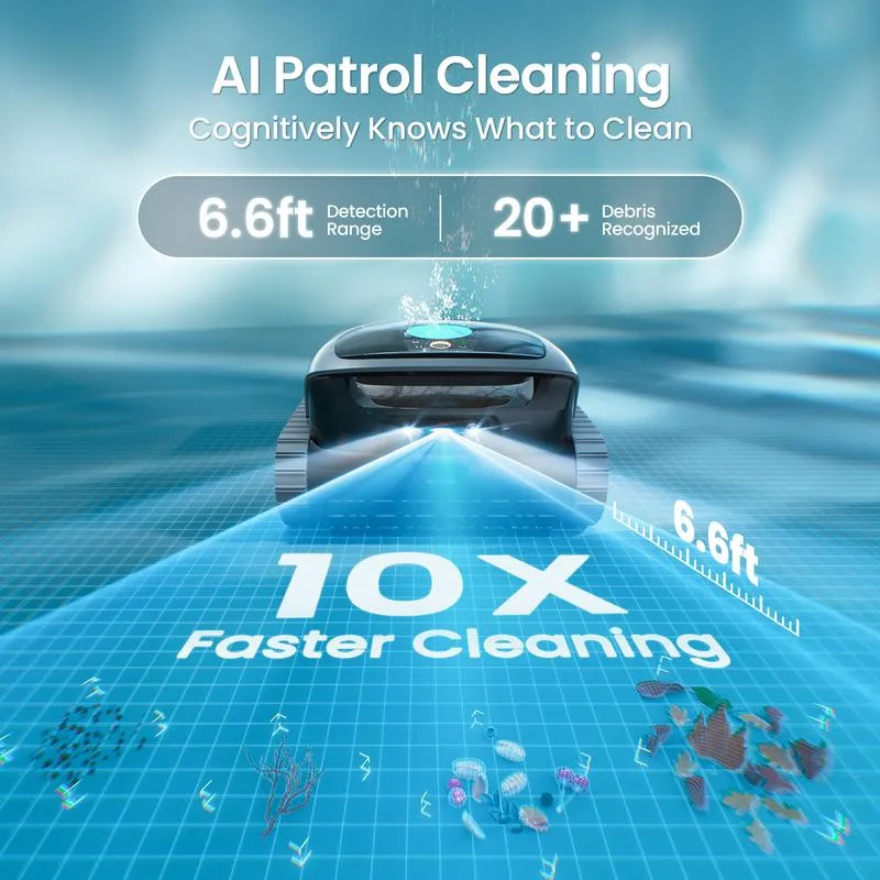 Robot limpiador de piscinas inalámbrico con inteligencia artificial, base de carga inalámbrica, función de estacionamiento inteligente en la línea de flotación y diseño ligero.