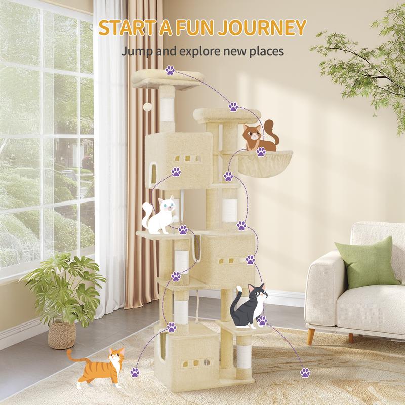 Un árbol para gatos de 193 cm, una gran estructura para trepar de interior, muebles para gatos de varios niveles, que incluyen 2 plataformas, 3 camas para gatos, 7 postes rascadores, 1 cesta para gatos, 3 puertas para gatos y decoraciones de pompones.