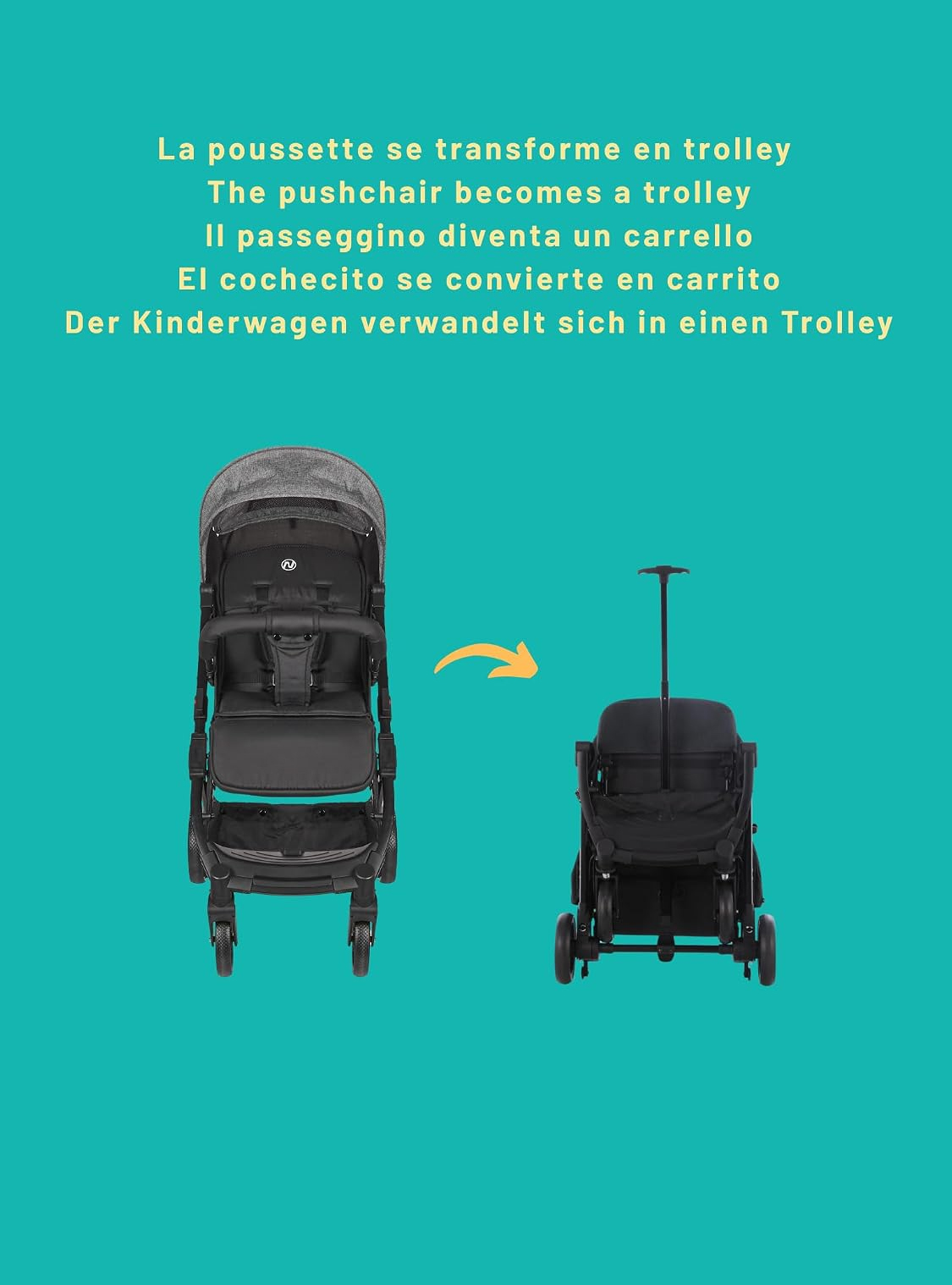 La poussette compacte Myla convient aux enfants de 0 à 4 ans (poids maximal 22 kg), est légère (7,5 kg), est une poussette citadine, avec un siège et un dossier réglables d'une seule main, et comprend un panier de rangement de grande capacité et une pouss
