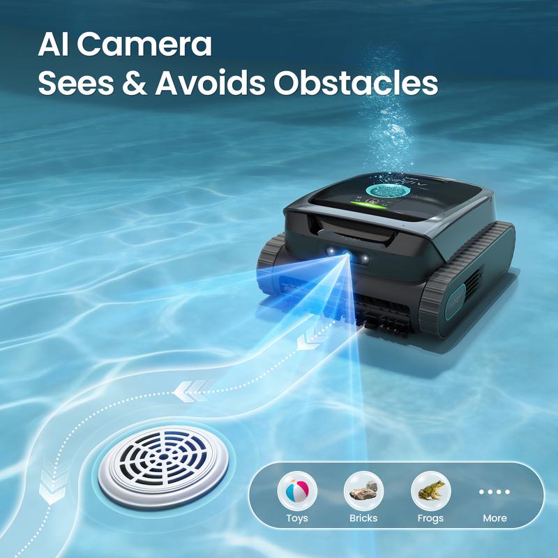 Robot limpiador de piscinas inalámbrico con inteligencia artificial, base de carga inalámbrica, función de estacionamiento inteligente en la línea de flotación y diseño ligero.